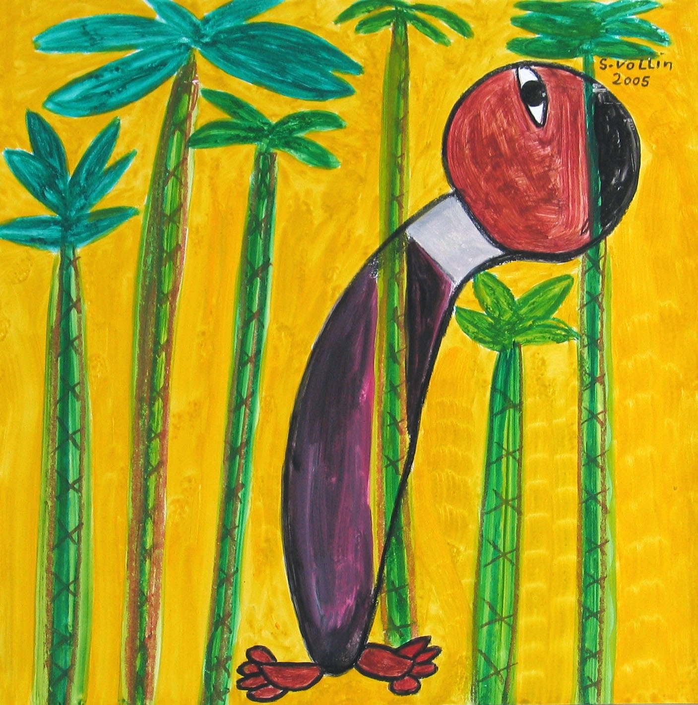 tableau très coloré sur fond jaune, avec des palmiers stylisés et un personnage étrange