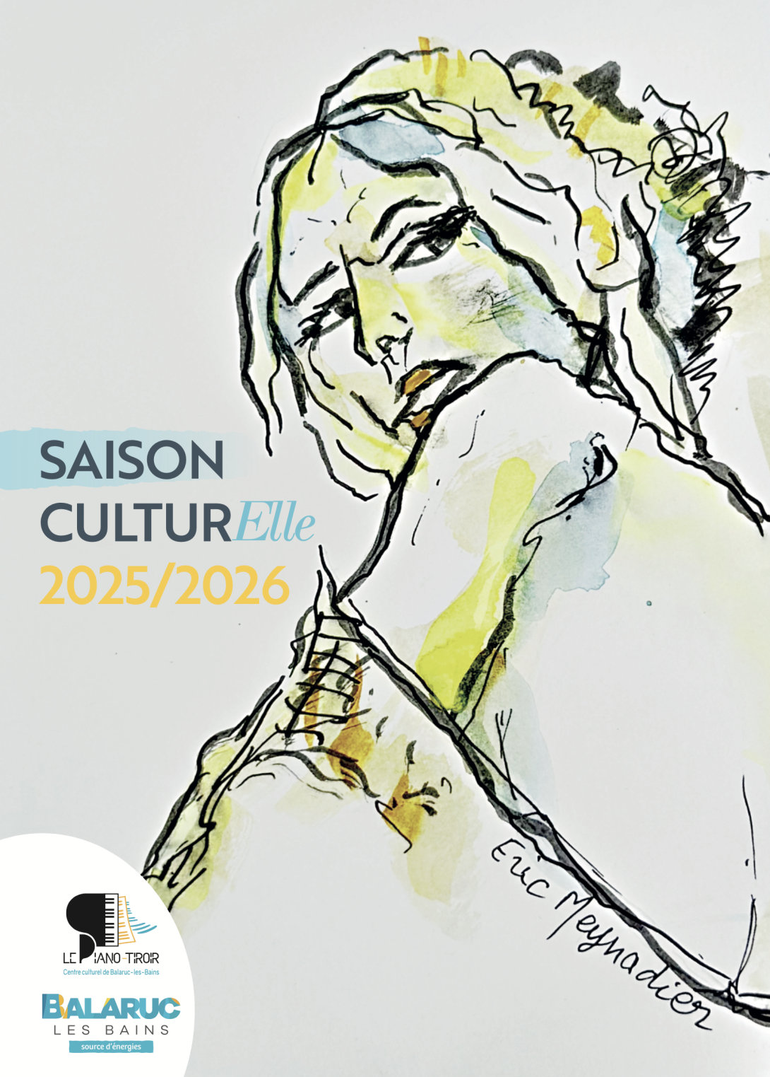couverture livret de saison culturelle 2025-2026, une femme dessinée au trait par Éric Meynadier
